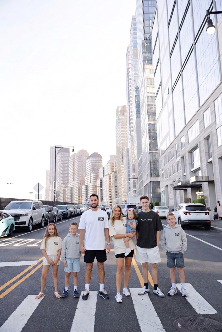 Family of eight wearing All The Praise tees and kids hoodies on a New York City crosswalk
